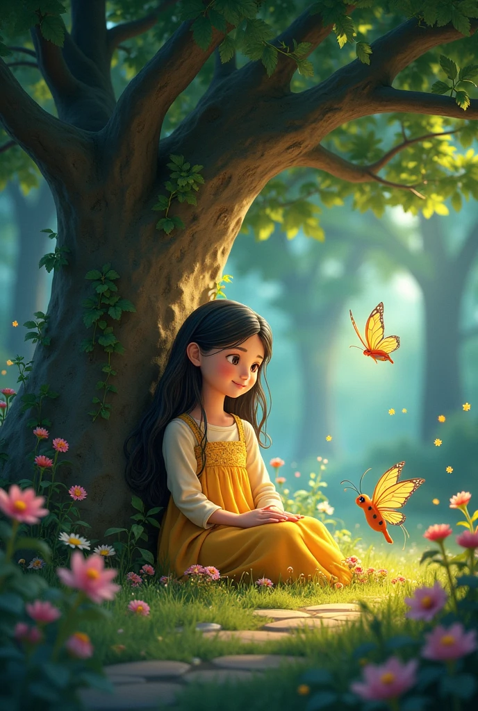 In a magical garden called the Garden of Dreams, lived three very special friends: Lola the Luminous, a firefly with a soft and comforting light; Tito the Wise Tree, an ancient oak whose branches offered shade and comfort; and Mila the Happy Butterfly, who with her bright wings brought joy to every corner of the garden. One day, a young woman named Clara arrived at the garden feeling overwhelmed by the daily routine. Lola illuminated her path with a reassuring light, Tito welcomed her with a soothing shadow and Mila flew around her, filling her with optimism and positive energy. Clara sat under Tito and allowed the light of Lola and the dances of Mila to envelop her. Little by little, their hearts filled with calm and hope, and she felt revitalized by the magic of the garden.