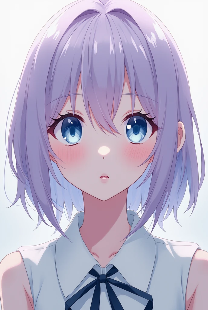 Anime girl with light purple, short hair, blue-white eyes and serious expression