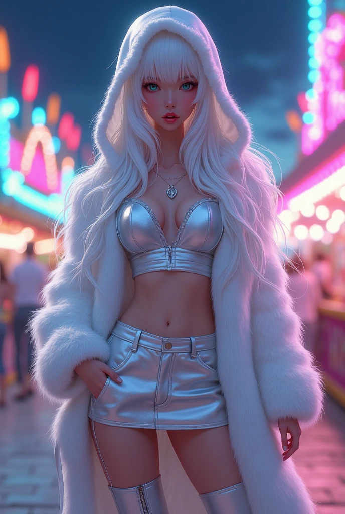 I want a girl with natural long white hair,she will wear a silver pin on her chest and a silver mini skirt,she will wear a long white fur jacket,a silver thigh-high boot,she will be at an amusement park at night and posing,I want her with a white hood on her head