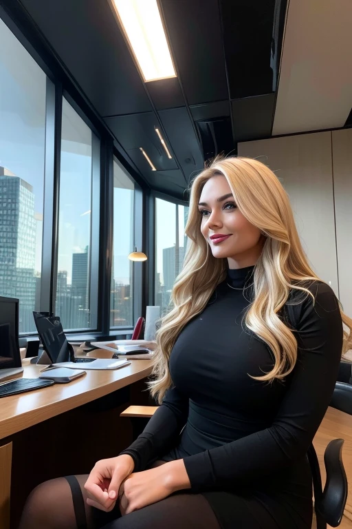 １American girl、wavy and voluminous hair, strikingly beautiful, blonde hair, expressive eyes, red lips, (detailed office scene, conversation, luxurious setting)(best quality, highres, professional, sharp focus),woman wearing professional attire, beautiful long black hair, smiling and having a fun conversation with the male protagonist,happy atmosphere, vibrant colors, intense lighting in a luxurious office,modern furniture, elegant interior design, large windows with a breathtaking city view,[glowing computer screens], [reflections on the glass], [crisp air conditioning], [gleaming marble floors].