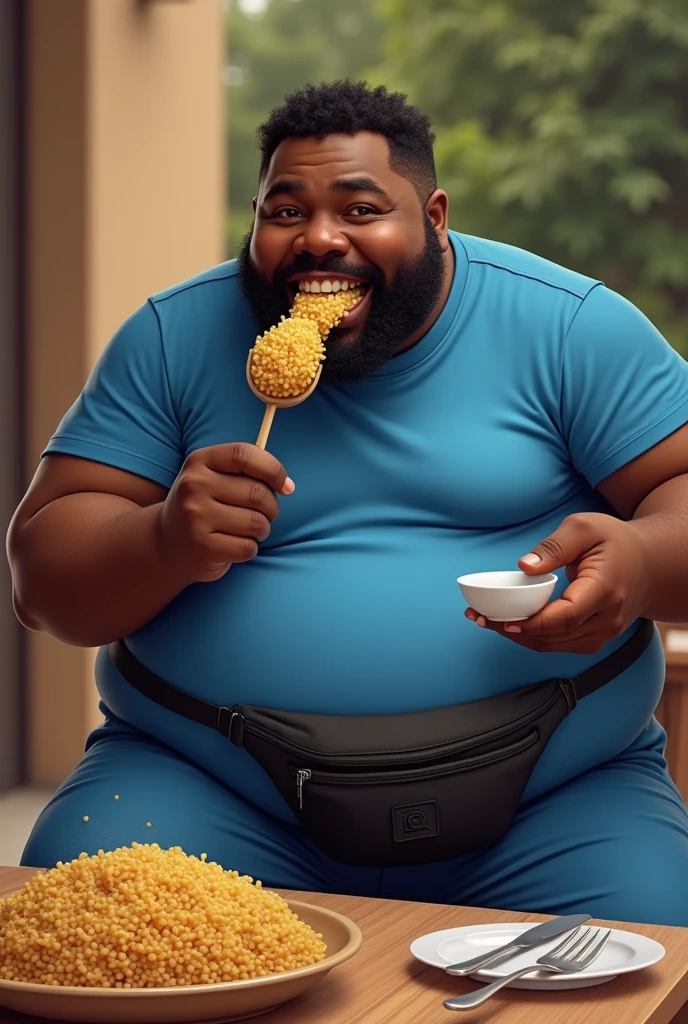 fat black, in blue pants and t-shirt, black fanny pack eating couscous