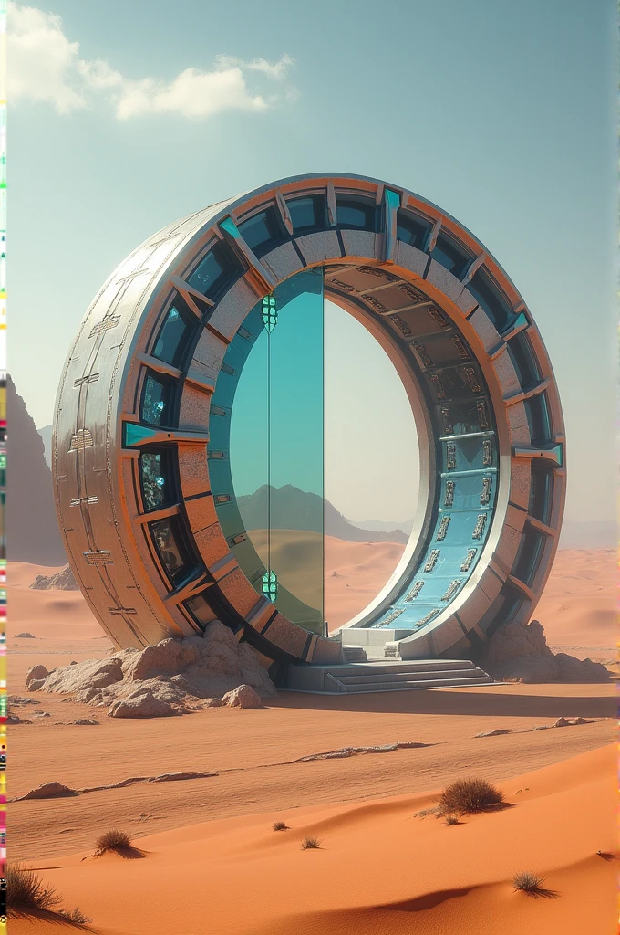 Build a circular, half-split crystal military base with a glass layer in the desert. 