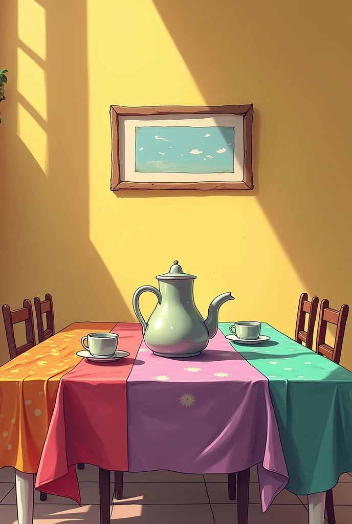 A long table with several tablecloths of different colors red yellow purple green and blue, Just 2 cups and a teapot on top, nothing else. , with several brown chairs, very lively cartoon design