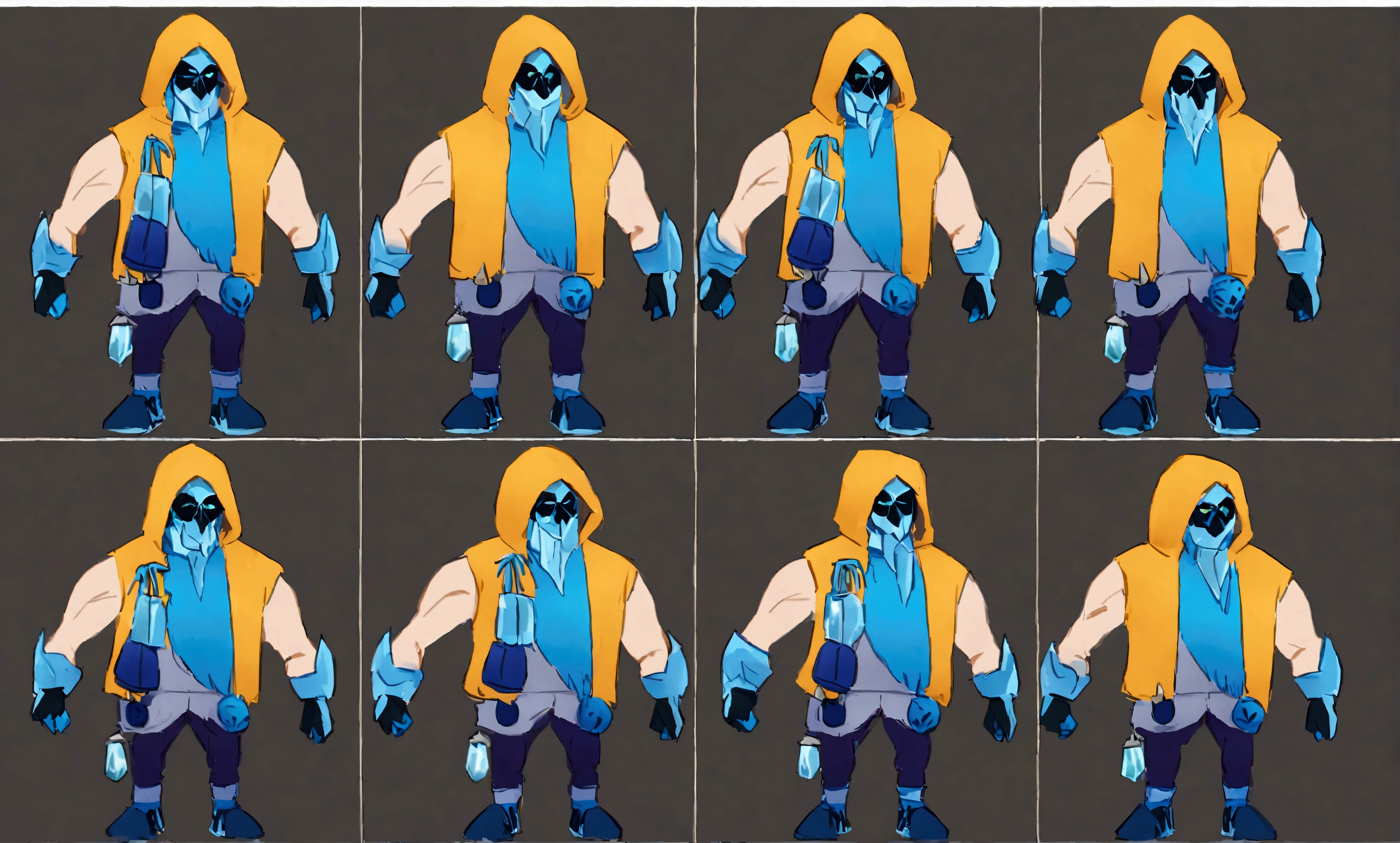 Skin of the grom, brawler de brawl stars, His name is Ice God, His hood is made of ice and his bomb is an ice ball. He is dressed like a villain., Do the details in the photo I put for you