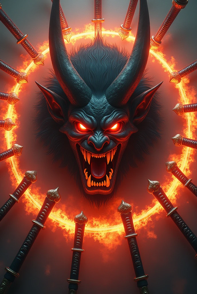 Drawing of a circle of flaming swords with an oni's face in the middle of them