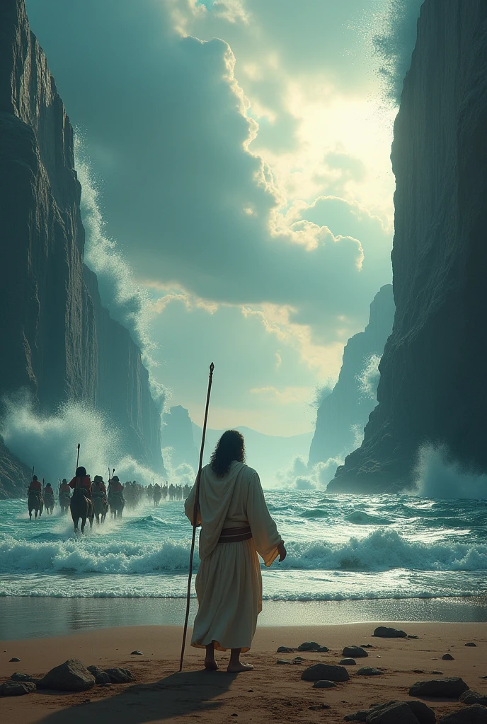 Create a 3D image depicting Moses parting the Red Sea