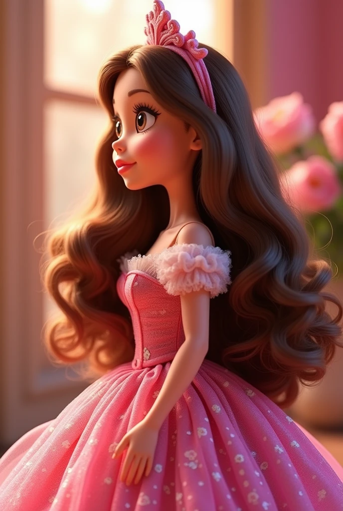 Animated Disney doll with long wavy brown hair, pink and colorful dress, princess profile view
