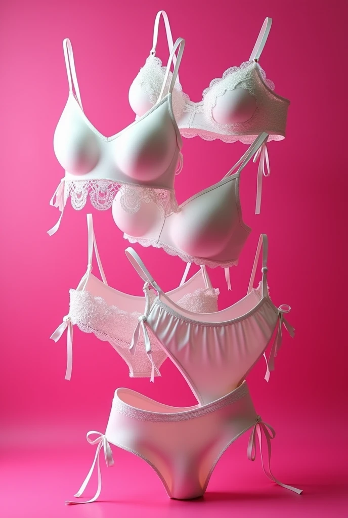 generate an image of intimate garments such as panties, briefs, stockings, brassieres animated and together, with a fuchsia background and the garments in white.