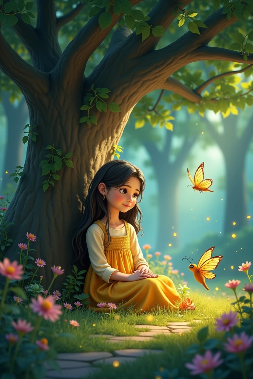 In a magical garden called the Garden of Dreams, lived three very special friends: Lola the Luminous, a firefly with a soft and comforting light; Tito the Wise Tree, an ancient oak whose branches offered shade and comfort; and Mila the Happy Butterfly, who with her bright wings brought joy to every corner of the garden. One day, a young woman named Clara arrived at the garden feeling overwhelmed by the daily routine. Lola illuminated her path with a reassuring light, Tito welcomed her with a soothing shadow and Mila flew around her, filling her with optimism and positive energy. Clara sat under Tito and allowed the light of Lola and the dances of Mila to envelop her. Little by little, their hearts filled with calm and hope, and she felt revitalized by the magic of the garden.