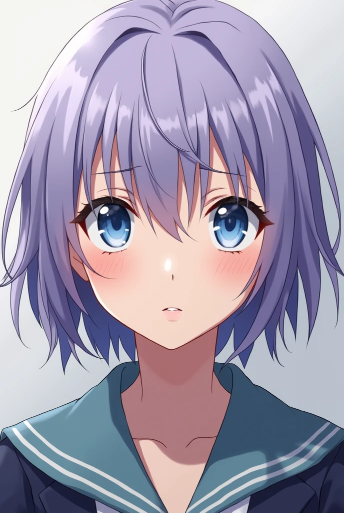 Anime girl with light purple, short hair, blue-white eyes and serious expression