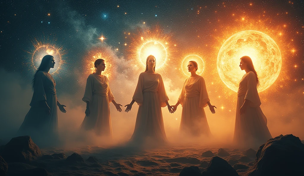 Create a compelling thumbnail image showing a stylized representation of a person undergoing the 5 stages of spiritual awakening. The image should be divided into five distinct sections, each depicting a progressive level of spiritual illumination.
Stage 1 - The Unconscious Stage: Show a figure in the background with a dark, shadowy aura, looking lost and overwhelmed. The surrounding environment is chaotic, with scattered, muted colors.
Stage 2 - Ego Death: The same figure starts to emerge from the shadows, with the aura beginning to lighten. The background shows subtle transitions from dark to light, symbolizing the process of ego dissolution.
Stage 3 - The Search: The figure now has a brighter, more defined aura with curious and focused expression. The background features celestial elements like stars and planets, representing the quest for understanding.
Stage 4 - Emergence of the Authentic Self: The figure's aura is vibrant and radiant, reflecting confidence and authenticity. The background is bright and harmonious, with images of the sun and moon in balance.
Stage 5 - Life of Alignment: The figure is fully illuminated with a warm, glowing aura. They appear serene and at peace, surrounded by a harmonious landscape with stars and flowing light, symbolizing perfect alignment with the universe.
The overall image should blend seamlessly from one stage to the next, showing a clear progression from darkness to light. Use a realistic photography style with vivid, detailed colors to create a striking and engaging visual.
-ar 16:9