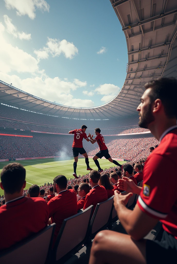 At a football stadium, two fans in the stands are fighting each other while one is watching.