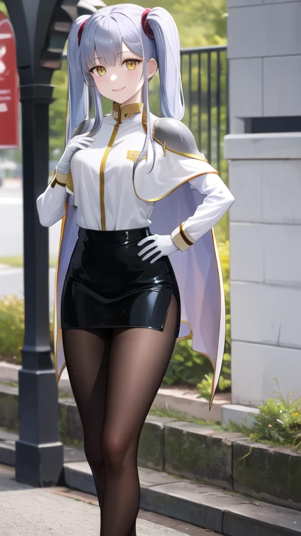 masterpiece, best quality, highres, bbruri, long hair, yellow eyes, white capelet, long sleeves, white gloves, black skirt, pantyhose, hand on hip, smile, standing, outdoors