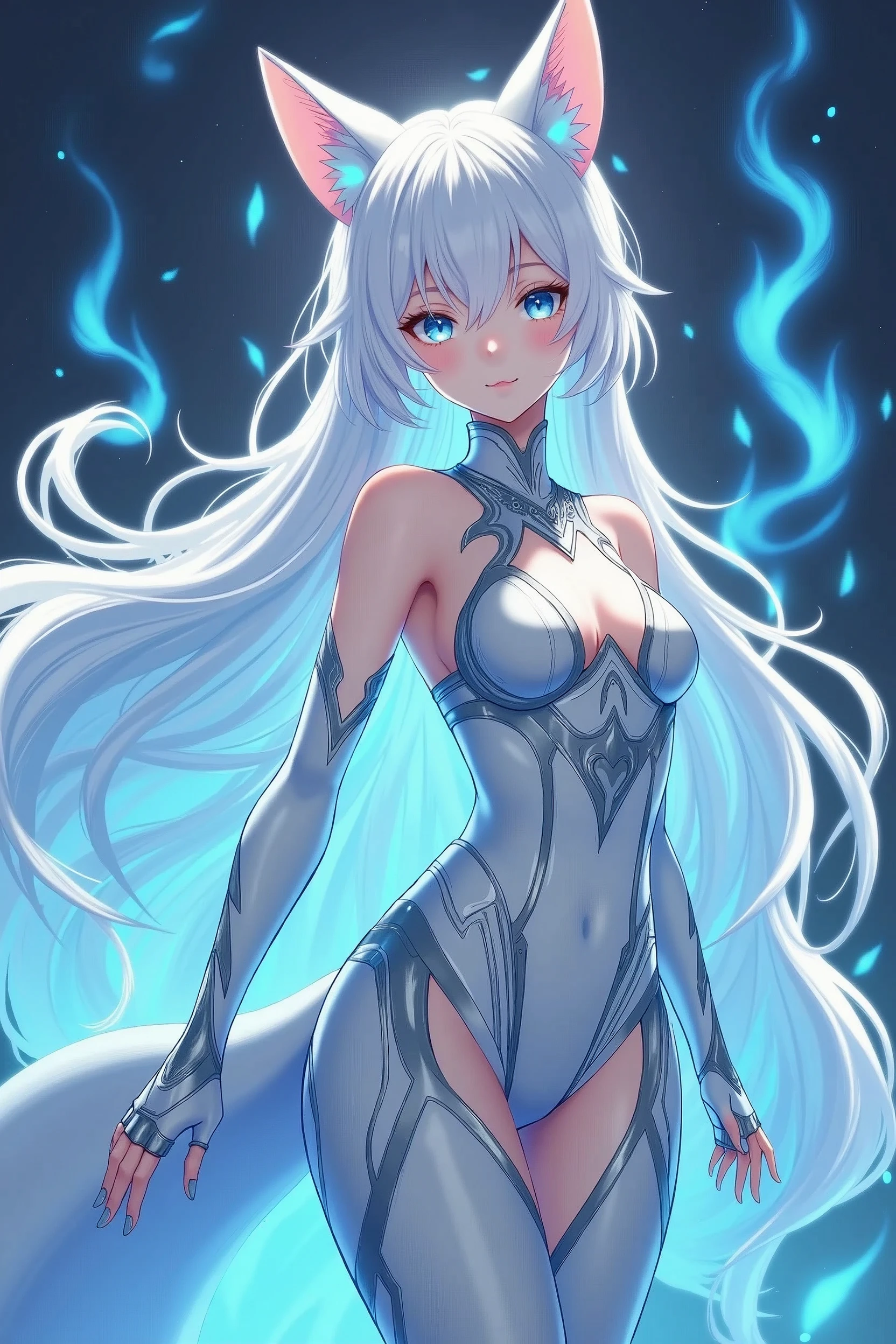 Female characters, anime appearance , white hair, Long platinum hair, trang phục hồ ly mecha , blue fire effect , cute pose