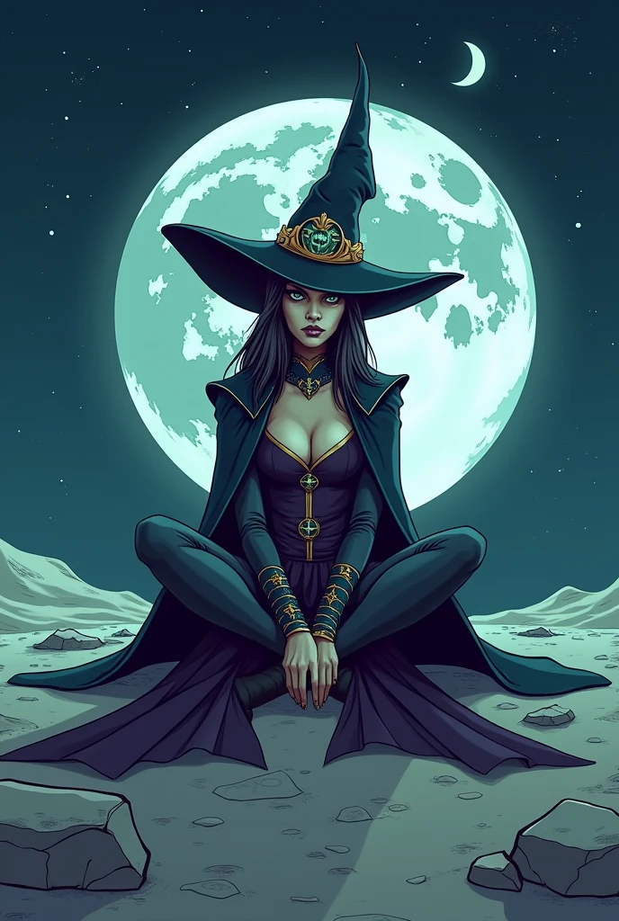 A witch around 25 years old holding up a staff with a red gemstone on it.. black cloak dark brown long boots hazel eyes blue gemstone pendant natta starrysky (black cat with long thin tail)