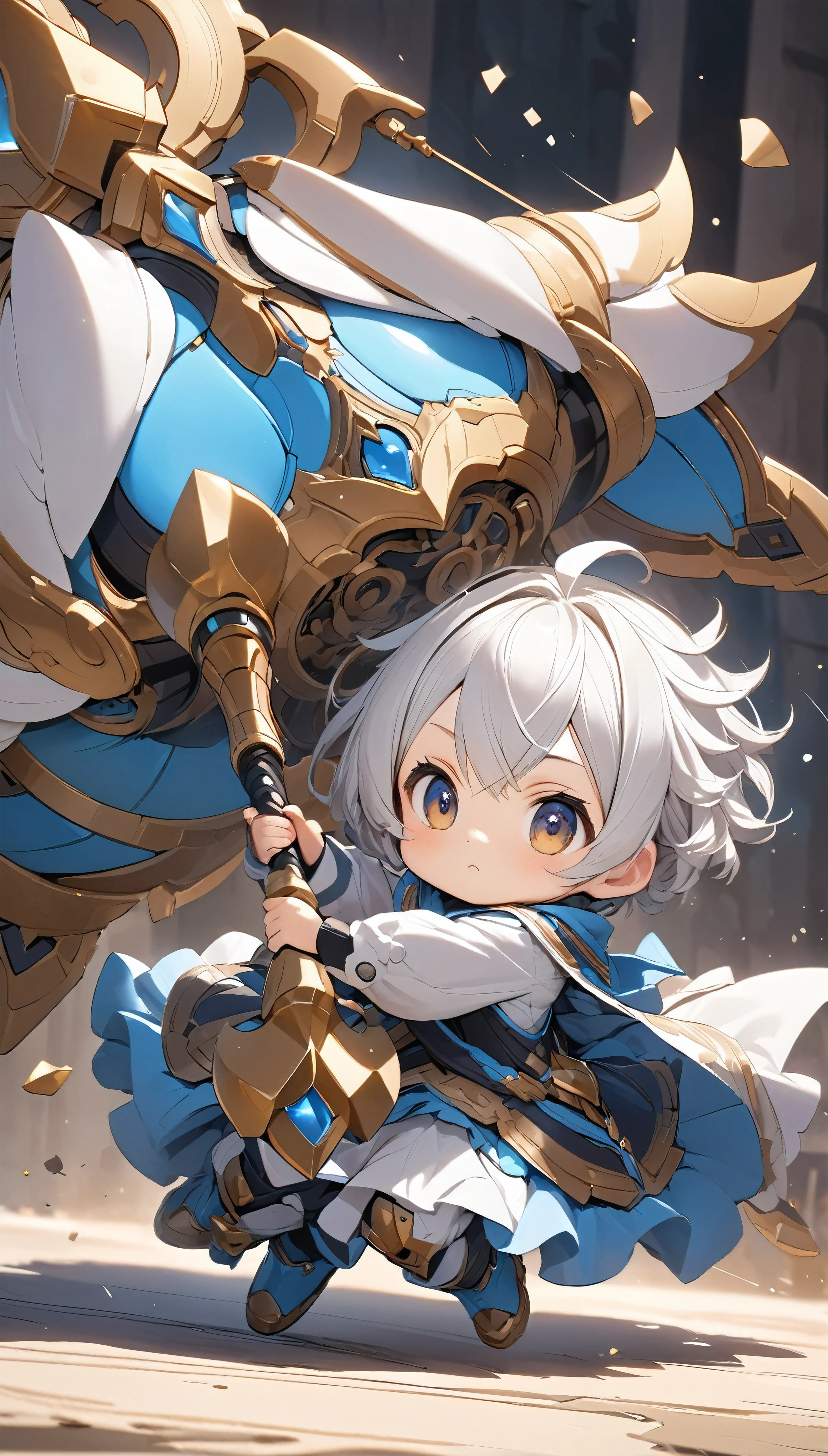 Ultra-small deformation, cute, He swings a weapon, A very large weapon, It's too big to hold.,