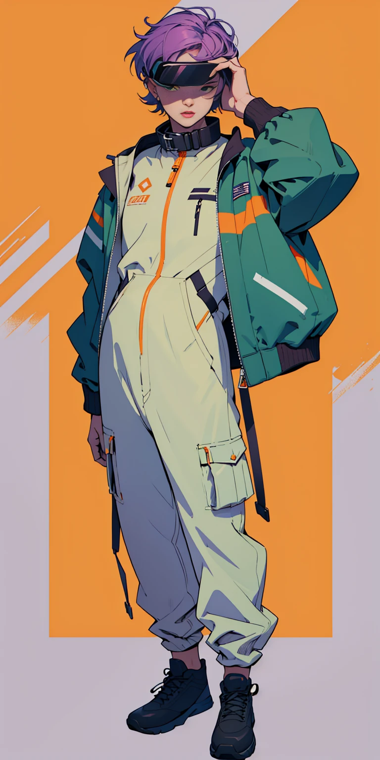 full body image, (ultra detailed,ultra high resolution,detailed background),((2d)),((flat color)),((dull color)), 1SOLO, looking at the viewer, baggy flight suit, oversized bomber jacket with sheepskin collar, (yellow, violet, cian, green, orange:1.3), plush collar, full body image, use VR glasses, ((Baron&#39;s Desert Intricut Fund)), ((apocalyptic city)), full body in frame, ((drone next to her))

