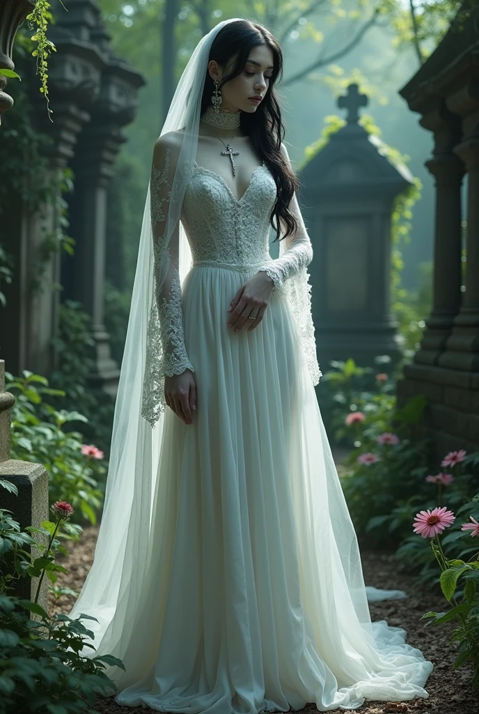 Imagine a pale-skinned vampire with black hair in a white wedding dress with long, loose, vampiric sleeves, crucifix accessories, a veil like a well-detailed Victorian death's cloak, in a cemetery with lots of plants in great lighting.