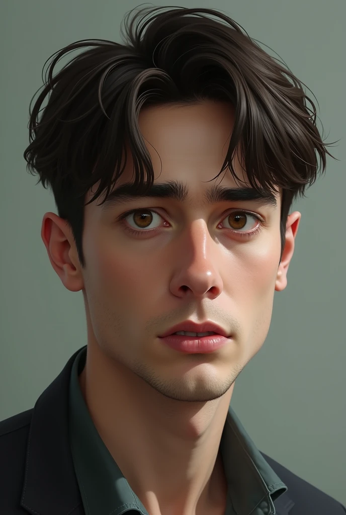 Man with straight dark brown hair and American haircut, Caucasian skin, brown eyes and a sunken, lowered nose
