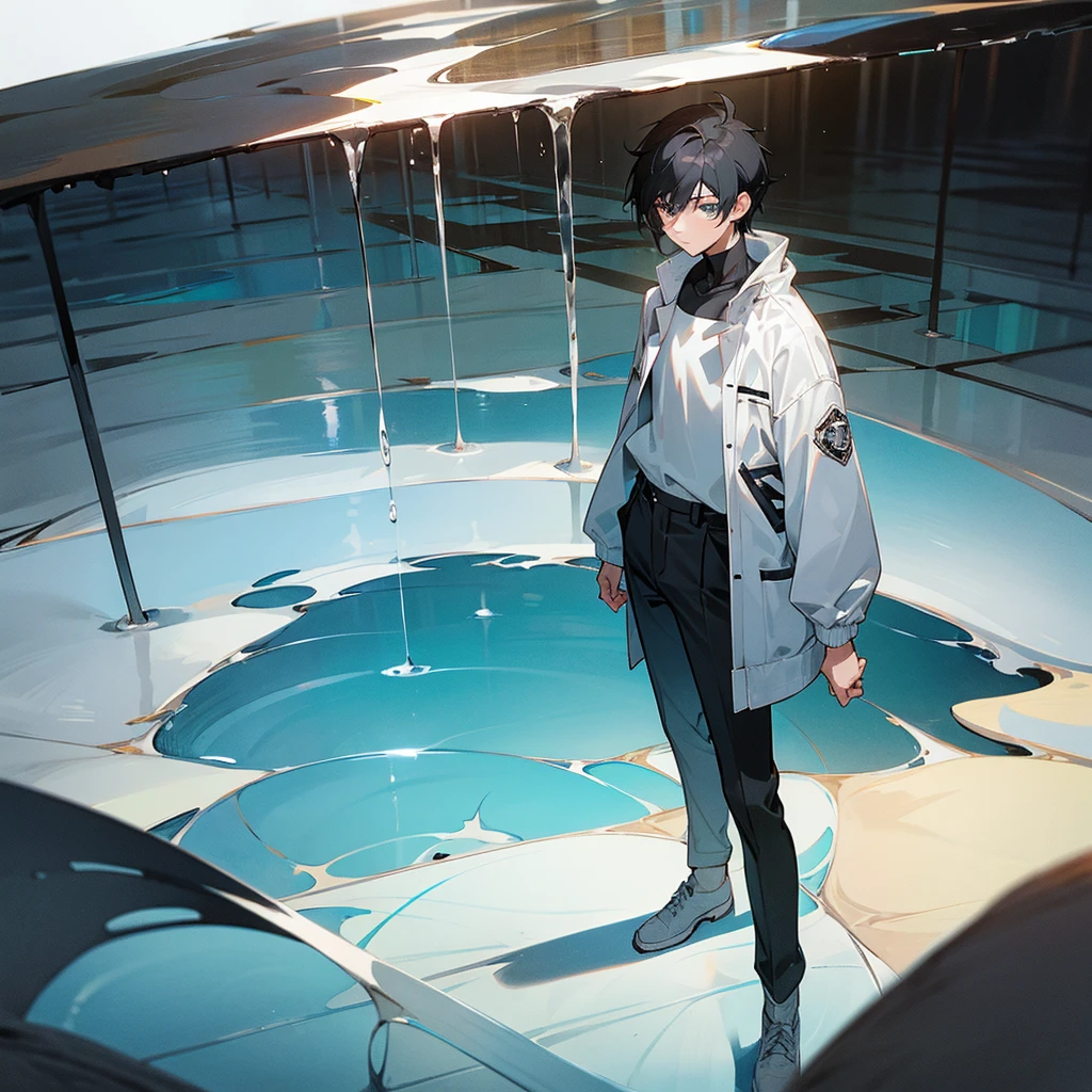 An anime boy with black hair, gray pants, and a white jacket, standing in a black room with water on the floor. Desert view. 