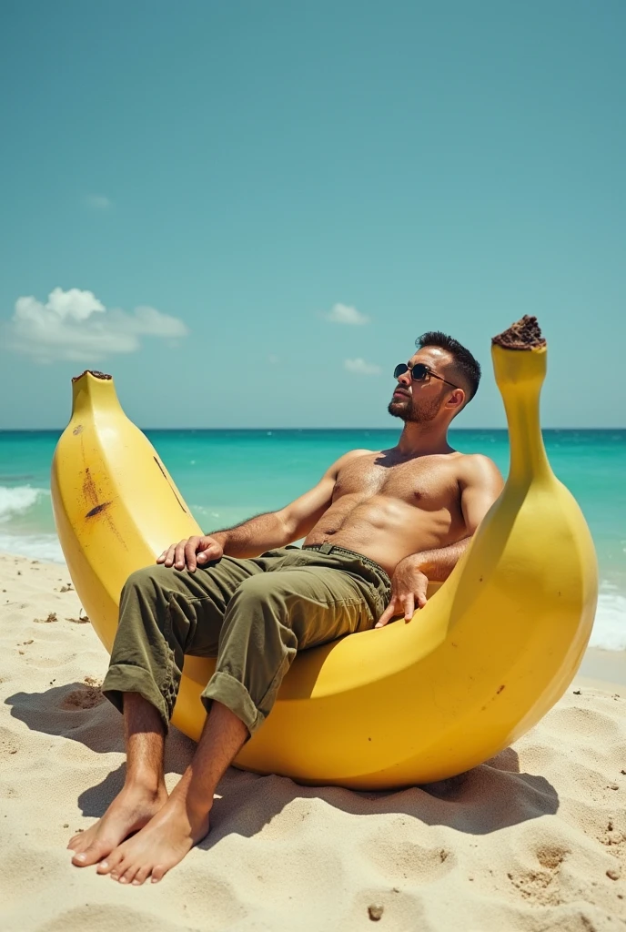 An military man sunbathing on a banana, beach bg