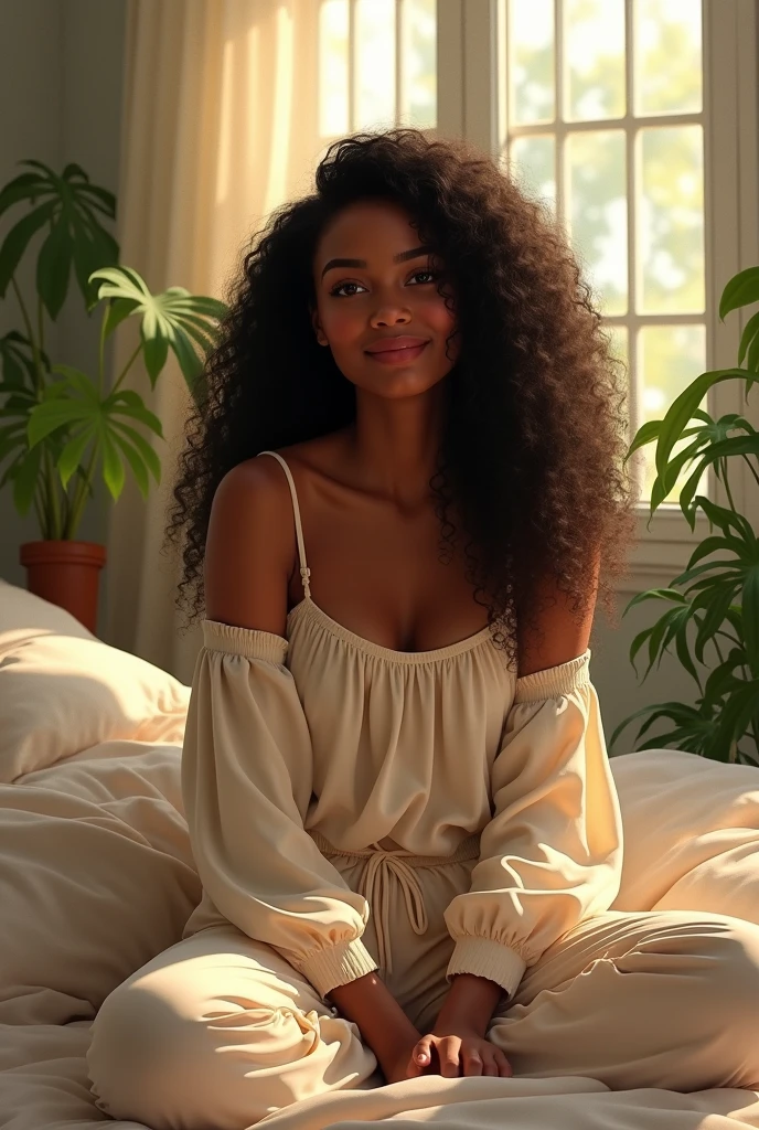 (arroba:1.2), blakc woman, sitting on bed, wearing loose off-shoulder top, pajama pants, long curly hair, indoors, soft lighting, plants in background, window with sunlight, cozy room, relaxed pose, realistic, intricate details, warm colors, by Greg Rutkowski, by Alphonse Mucha