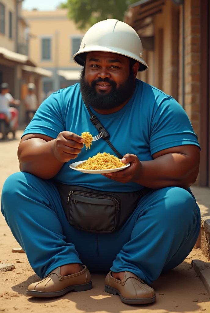 fat black, in blue pants and t-shirt, pochete preta, white helmet, clean-shaven,  eating couscous