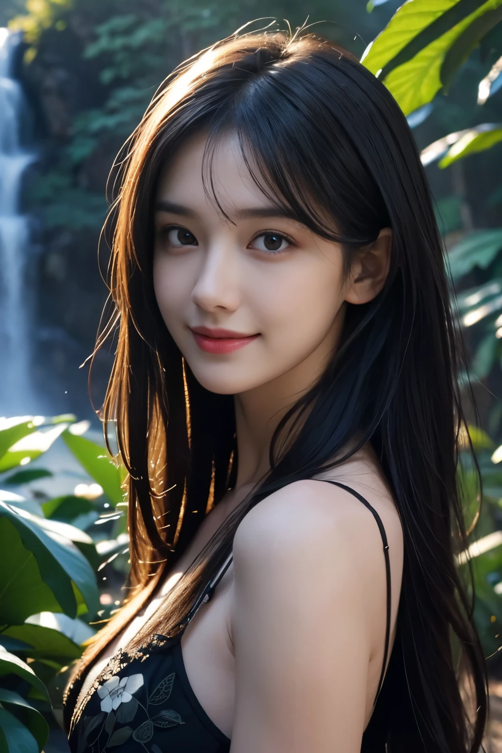 (ultra realistic) , (illustration), (increase resolution), (8K), (extremely detailed), (best illustration), (beautiful detailed eyes), (best quality), (ultra-detailed), (masterpiece), (wallpaper), (detailed face), 1 girl, black straight hair, slender body, delicate details, in the dark, deep shadow, low key, pureerosfaceace_v1, happy smile, summer dress, waterfall, rainforest