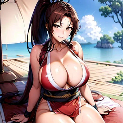 ((Master quality, 8K, masterpiece:1.3, ultra-detailed, high resolution, RAW Photos, detailed Realistic background, cinematic lighting)), Actual, Realistic, photo, HDR, BREAK, detailed eyes, perfect anatomy, perfect hands, BREAK, , One person alone, Mai Shiranui(King Of Fighters), (Sitting on a Sun_lounger and posing sexy, spread legs), Grey Eyes, ponytail hair, beautiful , ( Round and Stacked Breasts ), , Cleavage, Slim waist, smile:1.5, Sweat-soaked skin, wearing( Slingshot Swimsuit, ), Graffiti art, (, Random Angle, full-body, ), BREAK, Licking a icecream , Beach_parasol, Beach cocktails on a round table, dynamic angle, outdoor, beach