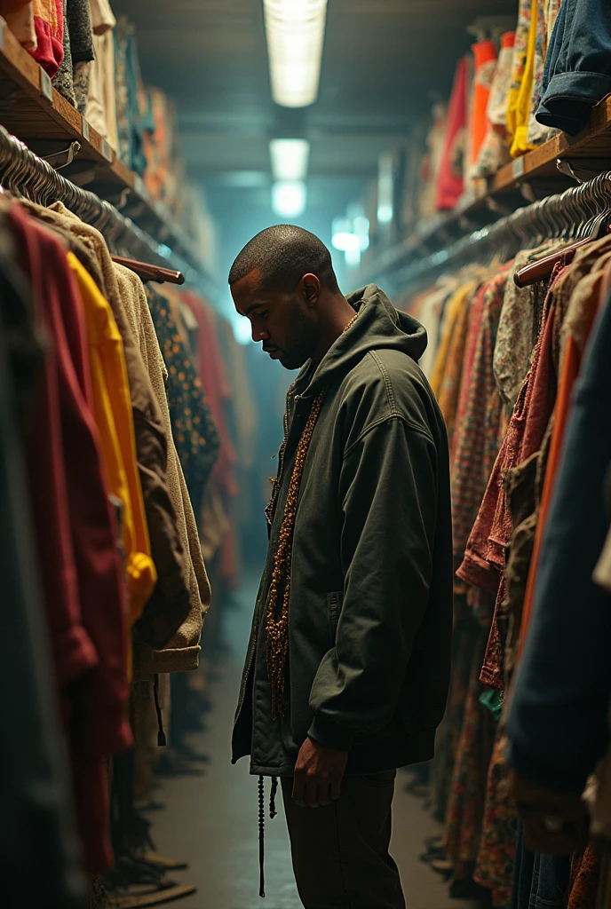 Create an image of Kanye West looking for clothes in a thrift store.