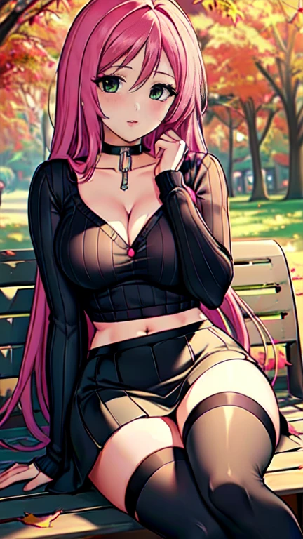 Masterpiece, raw, beautiful art, professional artist, 8k, art style by sciamano240, very detailed face, very detailed hair, 1 woman, perfectly drawn body, beautiful face, long hair, pink hair , very detailed green eyes , rosey cheeks, intricate details in eyes, playful smile, looking directly at viewer , in love with viewer expression, black chocker, lipstick, wearing cute fall clothes, black ribbed crop sweater, short black pencil skirt, dior thigh boots, full body view, sitting on park bench, sunny day fall setting, cleavage exposed