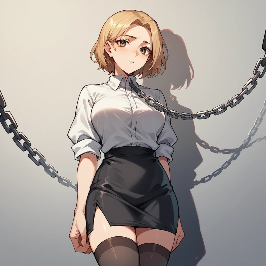 black pencil skirt,black nylon thigh-high stockings,White shirt with rolled up sleeves,Put your hands behind your back,restraints,Chain the body, blond long straight hair,Cute,