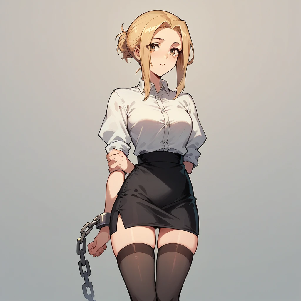 black pencil skirt,black nylon thigh-high stockings,White shirt with rolled up sleeves,Put your hands behind your back,restraints,Chain the body, blond long straight hair,Cute,