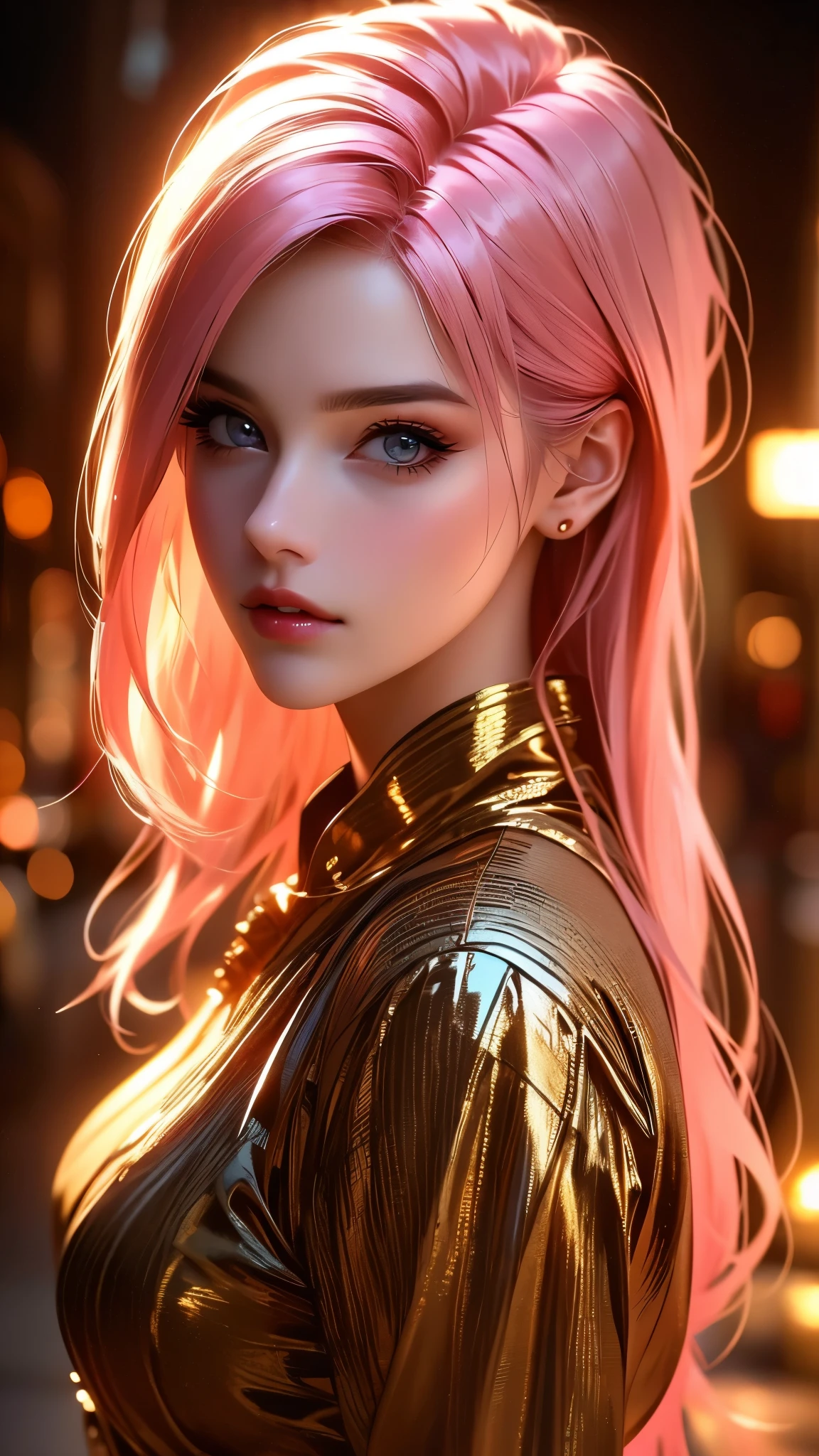 a beautiful woman in a beige dress with expressive beautiful eyes, posing, urban cityscape, black jacket, pink hair, golden hour, shallow depth of field, atmosphere of a first date and young love, (best quality,4k,8k,highres,masterpiece:1.2),ultra-detailed,(realistic,photorealistic,photo-realistic:1.37),intricate details,extremely detailed facial features,gorgeous detailed eyes,beautiful detailed lips,stunning portrait,cinematic lighting,warm color tones,romantic ambiance