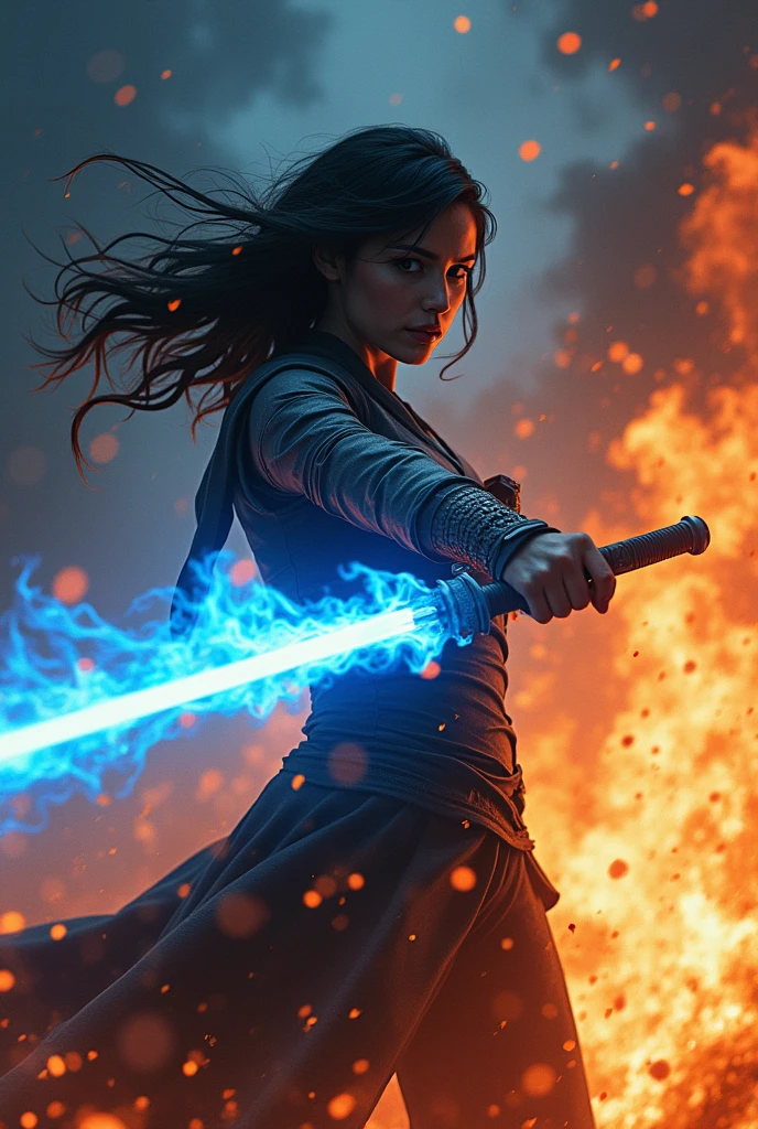 A code being destroyed by fire and in front of it a woman with black hair blowing in the wind and a blue fire sword in her hands, appearing from the chest up, wearing warrior clothes, a top and a skirt.
