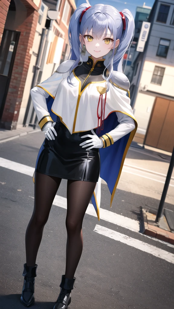 masterpiece, best quality, highres, bbruri, long hair, yellow eyes, white capelet, long sleeves, white gloves, black skirt, pantyhose, hand on hip, smile, standing, outdoors