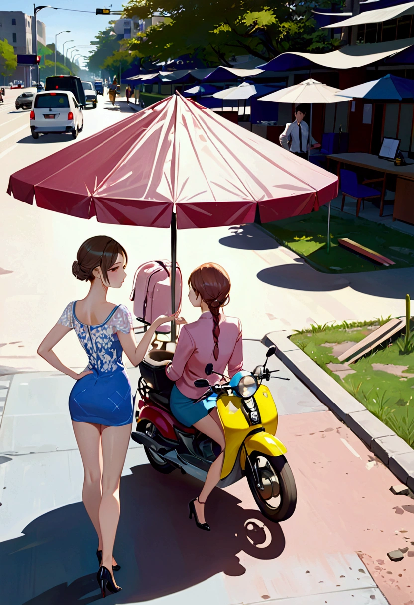 a realistic human portrait of office women, she is waiting taxi, day light scenery, front view, looking at viewer, full body detailed portrait, extremely detailed facial features, high quality, masterpiece, best quality, beautiful glowing skin, delicate facial features, elegant hairstyles, detailed clothing, realistic lighting and shadows, warm color palette, soft ambient lighting