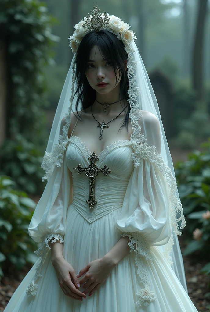 Imagine a pale-skinned vampire with black hair in a white wedding dress with long, loose, vampire-like sleeves, crucifix accessories, a veil like a Victorian death shroud, meticulously detailed, in a cemetery with many plants, under excellent lighting.