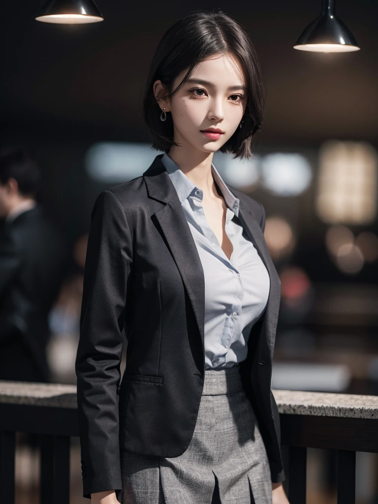 absurdres, RAW photo, extremely delicate and beautiful, masterpiece, Best Quality, ultra high resolution, 32k, hyper realistic, ultra-detailed, Very detailed CG 8k wallpaper, detailed background, landscape, Beautiful Lighting, Perfect Lightning, Realistic Shadows, perfect anatomy, anatomically correct, ideal ratio body proportions, perfect figure, Perfect Style, Perfect balance, super Detailed skin, in her 10s, very Slim body, narrow waist, very small head, very small face, delicate facial features, handsome detailed woman, very detailed eyes and face, realistic face proportions, Realistic beautiful face, Realistic beautiful eyes, tearful mole, earring, (very huge round tits), medium short hair, asymmetrical hair, wavy hair, (full body shot), (whole body shot), clavicle, dark grey jacket blazer, Dark gray skirt, ((collared shirt)),