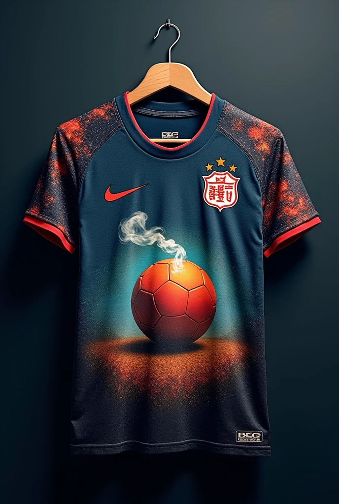 football shirt printed with the Japanese anime Dragon Ball sitting on a football smoking, on the left side the nike symbol, very dark shirt background hanging on a hanger with galaxies detail