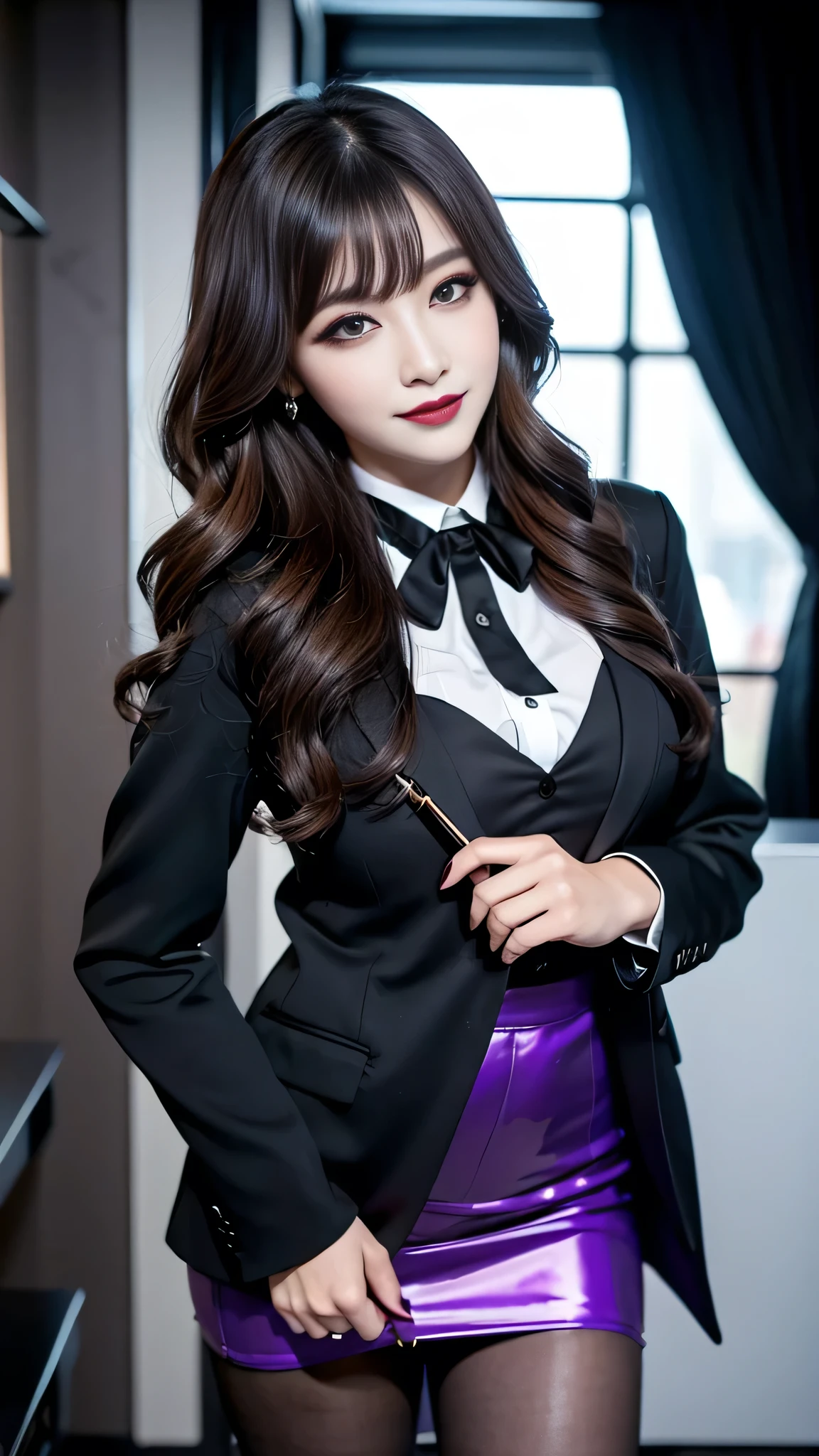 best quality、ultra-detailed、8k、Japanese、Seductive beauty、seductive adult woman、Pretty Woman、cool girl、smirk、Wicked Smile、Villainess、brainwash makeup、brainwash、Fallen into evil、Evil look、evil、Brown hair、wavy hair、swept bangs、dark makeup、piercing eyes、hollow eyes,half-closed eyes、Hollow Eyes、purple Eyeshadow、black lipstick、black lipglos、Purple Eyeshadow、black lipstick、black lip gloss、Dark Makeup、smirk、Whisper in my ear、business suit、black Jacket、white blouse、ribbon、flare skirt、pantyhose、night、inside darkroom、Kiss、I have lipstick、Are standing、Look、Offer、shoot from below