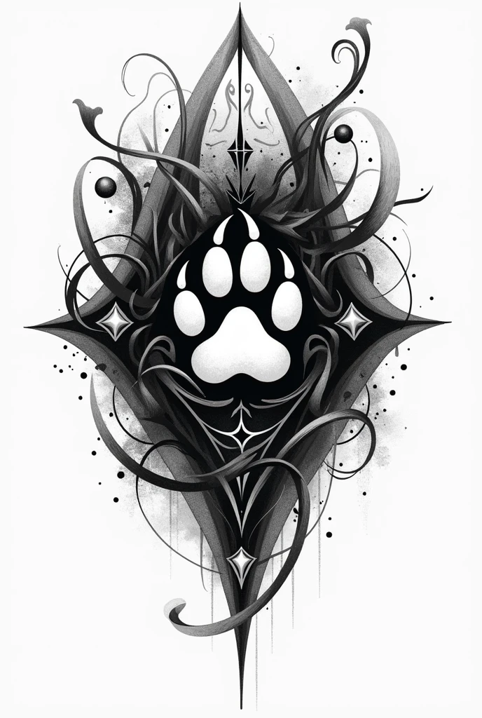 A tattoo image with a cat paw print as the main element accompanied by something symbolic like abstract art.
