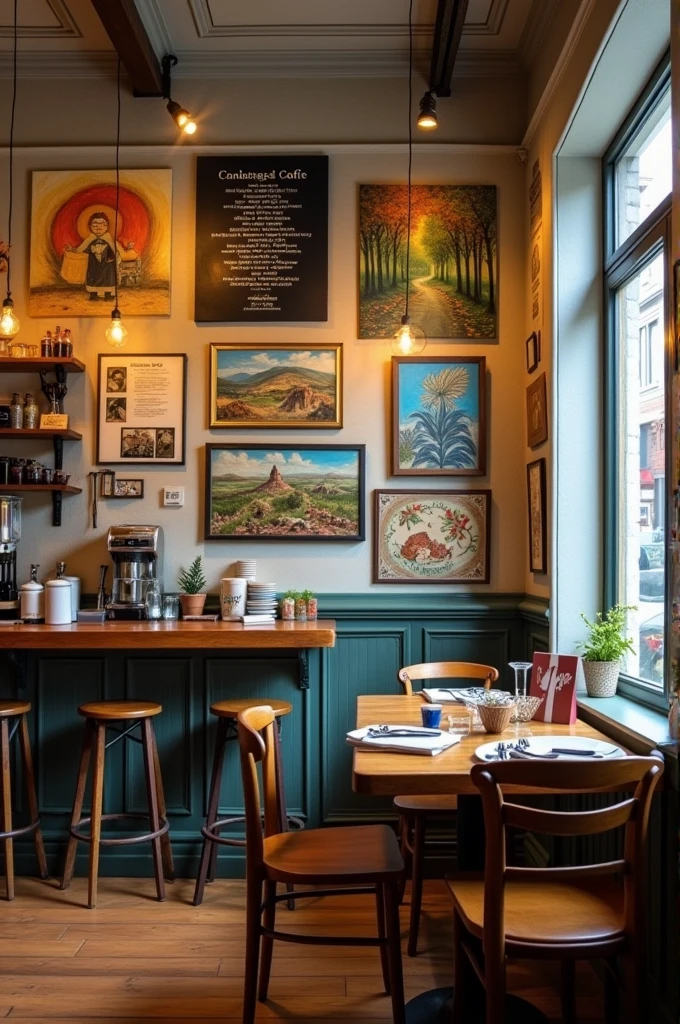 A coffee shop with paintings and poems on its walls