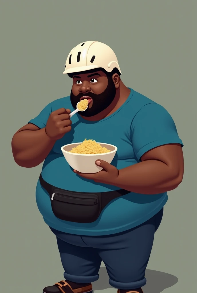 fat black, in blue pants and t-shirt, pochete preta, white helmet, sem beard,  eating couscous