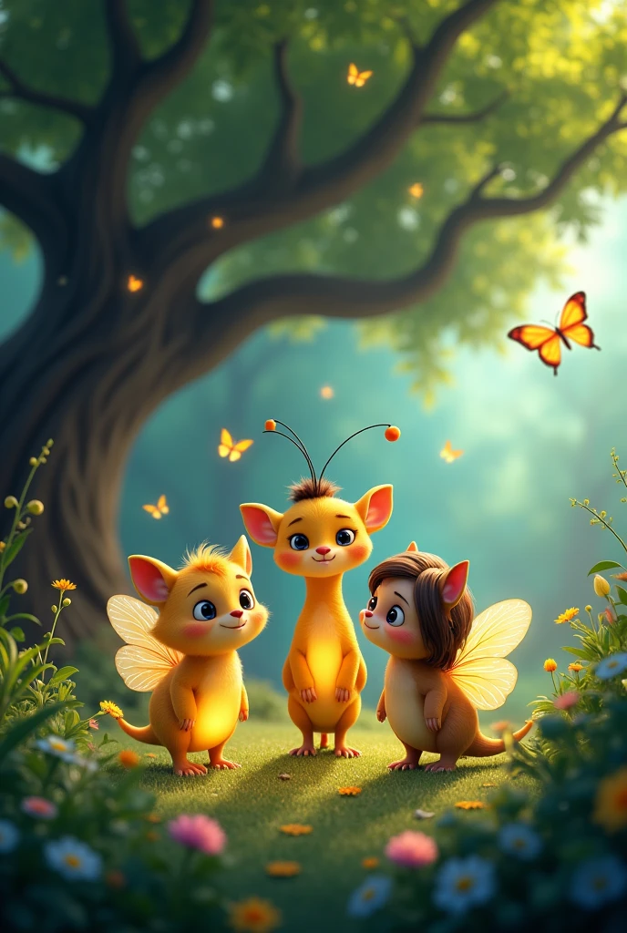In a magical garden called the Garden of Dreams, lived three very special friends: Lola the Luminous, a firefly with a soft and comforting light; Tito the Wise Tree, an ancient oak whose branches offered shade and comfort; and Mila the Happy Butterfly, who with her bright wings brought joy to every corner of the garden.