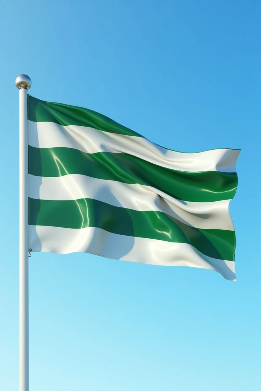 Generate a flag that has five stripes, each stripe alternating between green and white, and is waving.