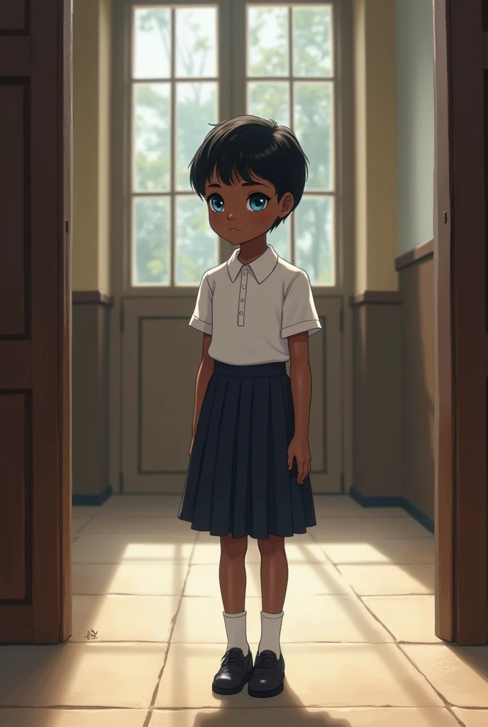Black girl with short pixie cut, thin with blue eyes and short stature Catholic school