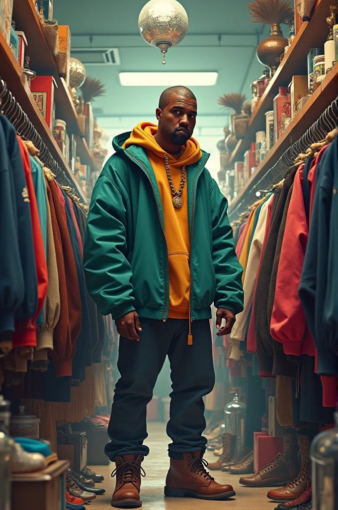 Create a funny image of Kanye West looking for clothes at a thrift store.