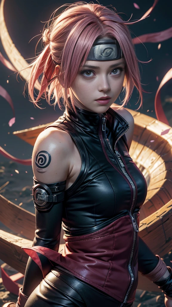 Animate《Naruto》Sakura Haruno in the middle,1girll,solo,The upper part of the body,dynamicposes,Perfect facial features,delicated face,greene eyes,Run,combats,best qualtiy,tmasterpiece,8K,