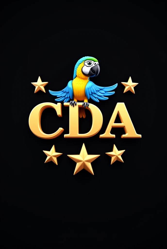 create a 3D logo with the letters CDA, 4 golden stars, black background. a 3D yellow-breasted blue macaw and the phrase 'Blue Dance Body'.
